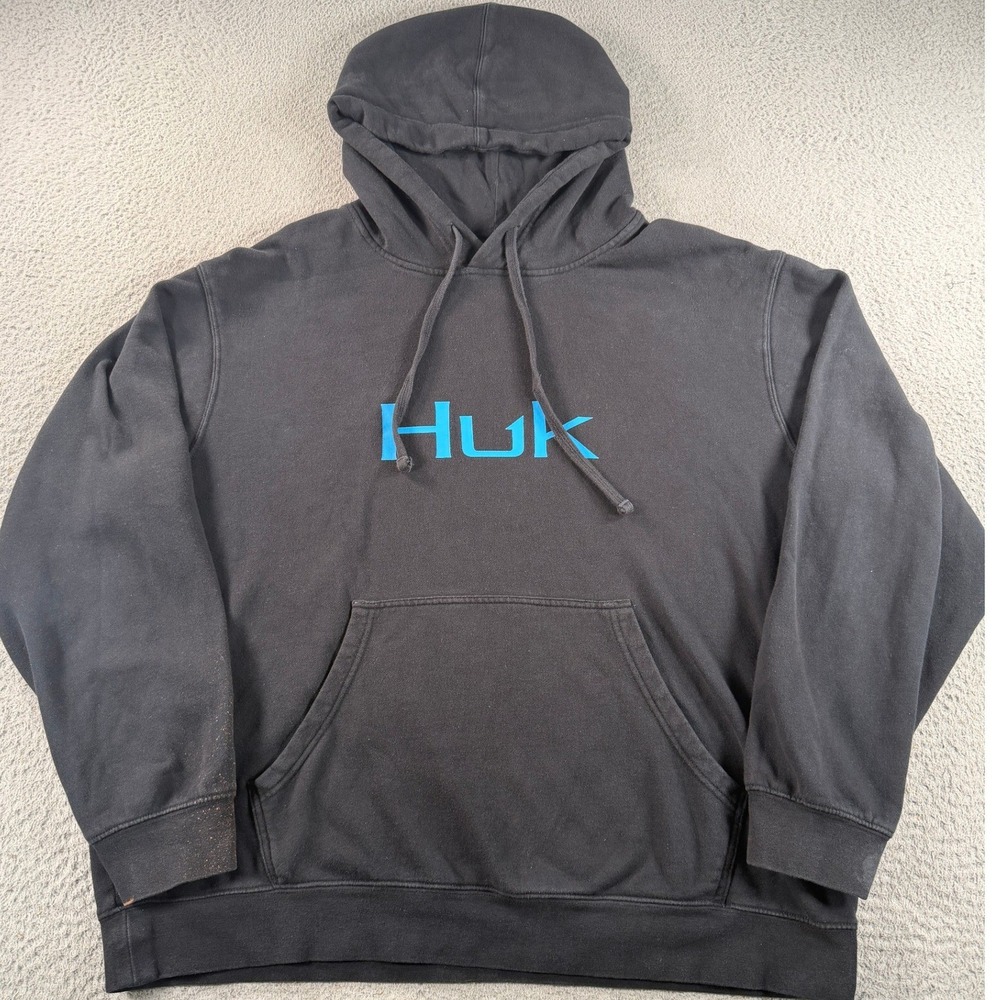 Huk Sweatshirt Hoodie Mens XL Black Blue Logo Graphic Fishing Pullover Gorpcore